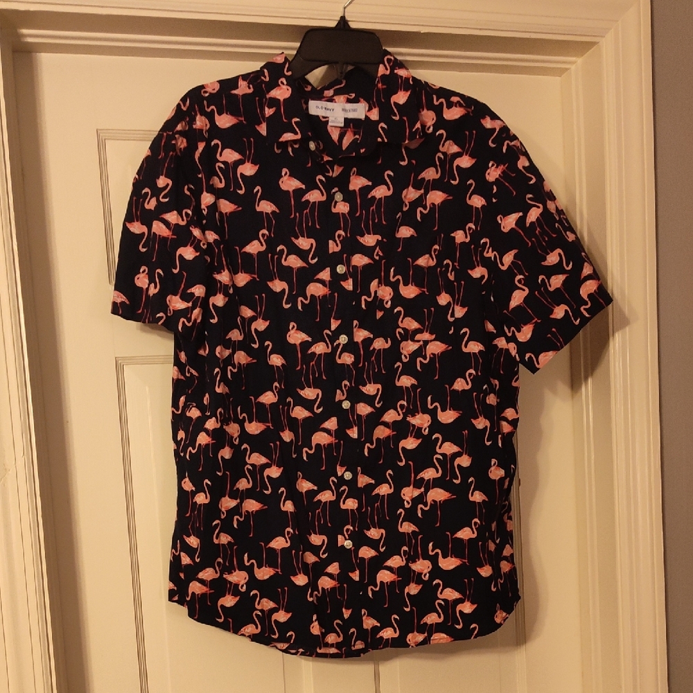 Old Navy Flamingo Pattern Shirt - Black and Pink